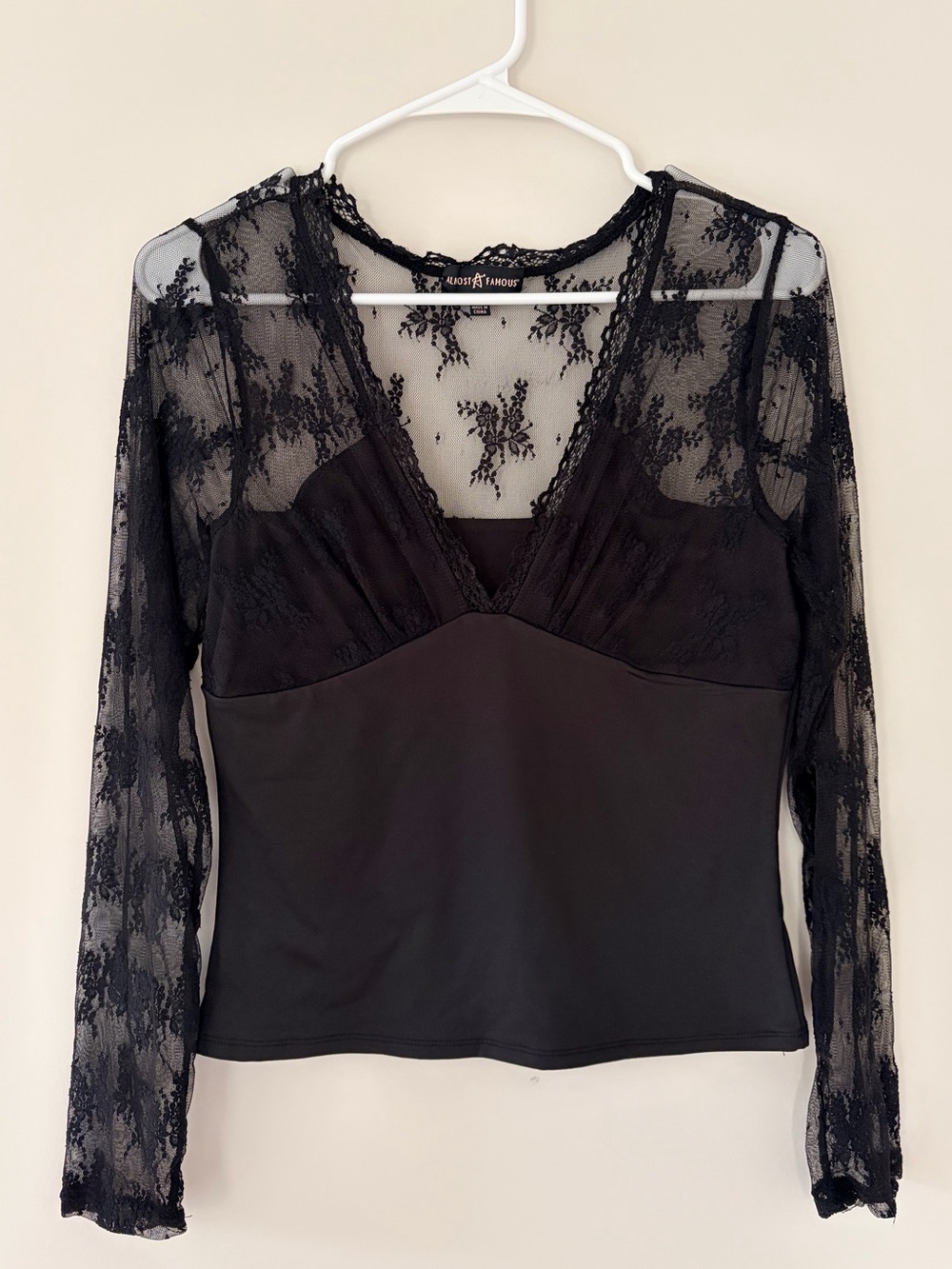 Almost Famous Black Lace Mesh Long Sleeve Illusion Top Size Large Y2K Coquette